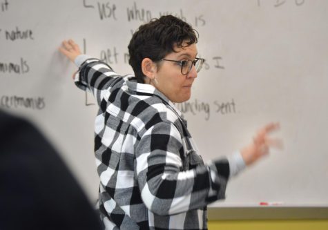 Mrs. Erin Wetzel teaching her class at a whiteboard.