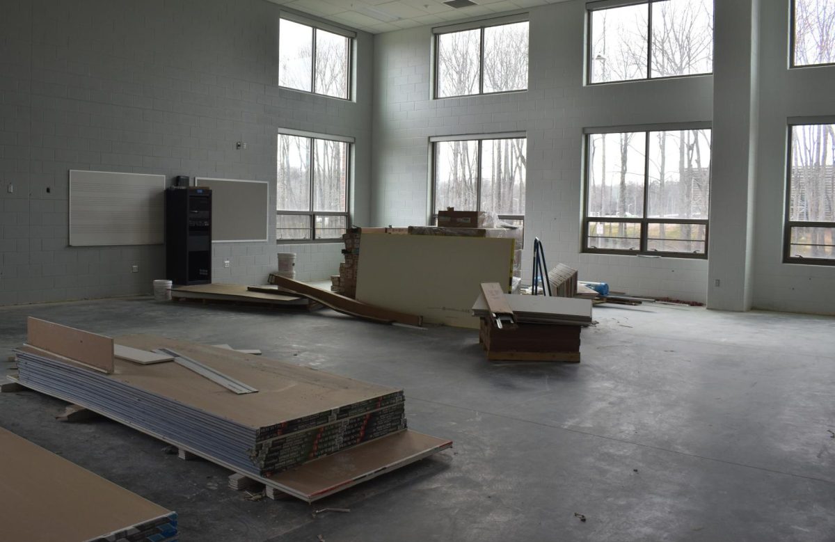 An empty music room facing out of one of the schools corners.